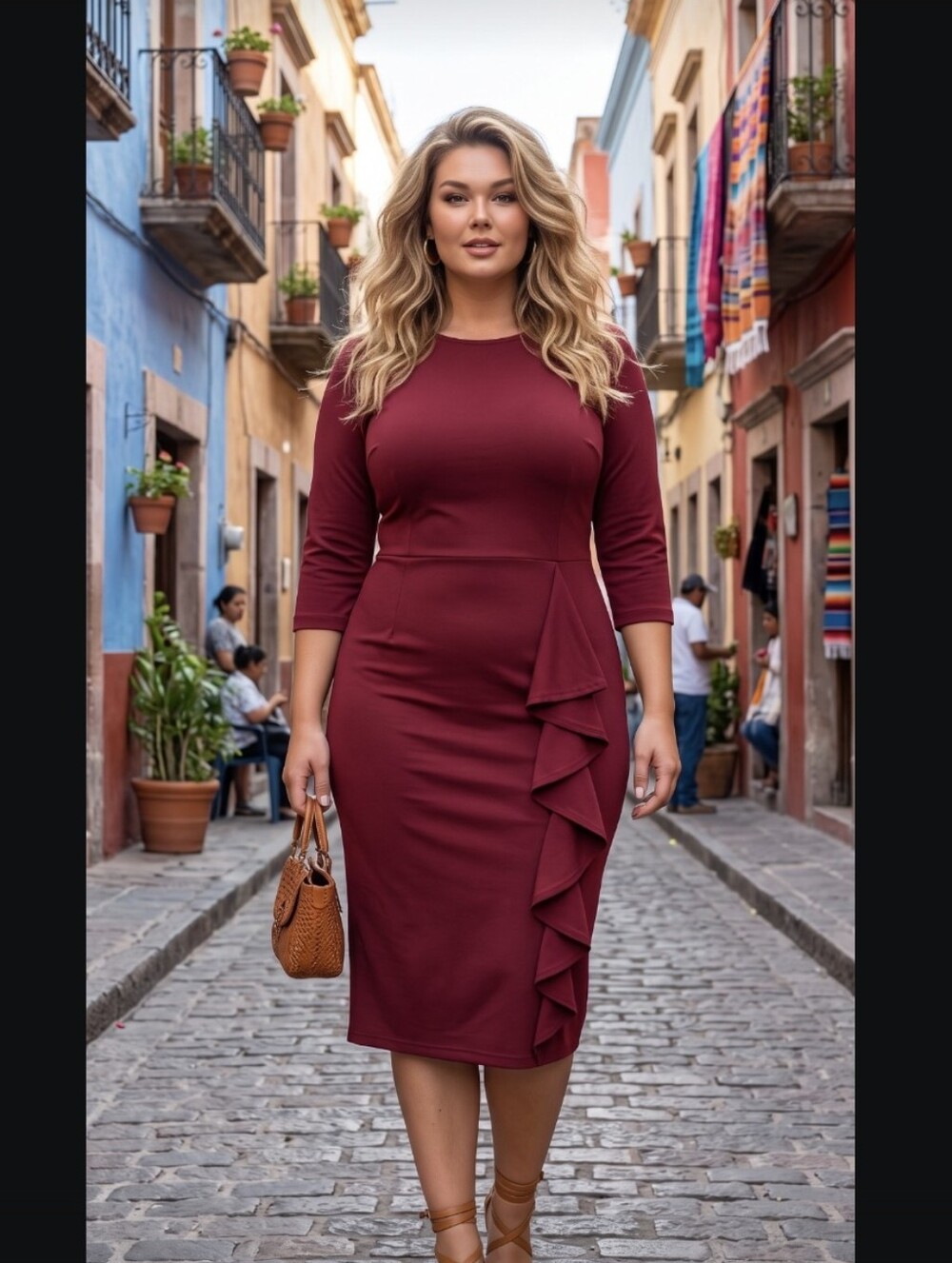 Deep Red Mid -Sleeve Ruffle Midi Dress